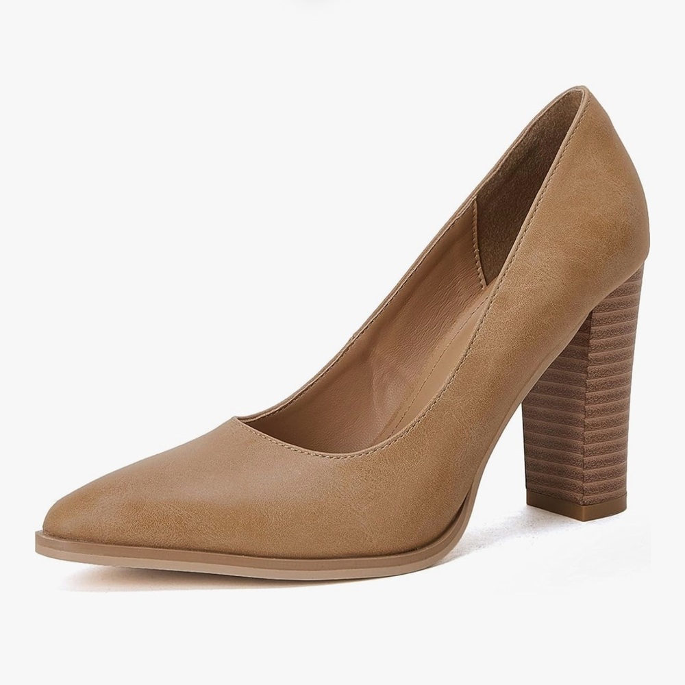 Pointed Toe Chunky Heel Pumps Khaki Nude